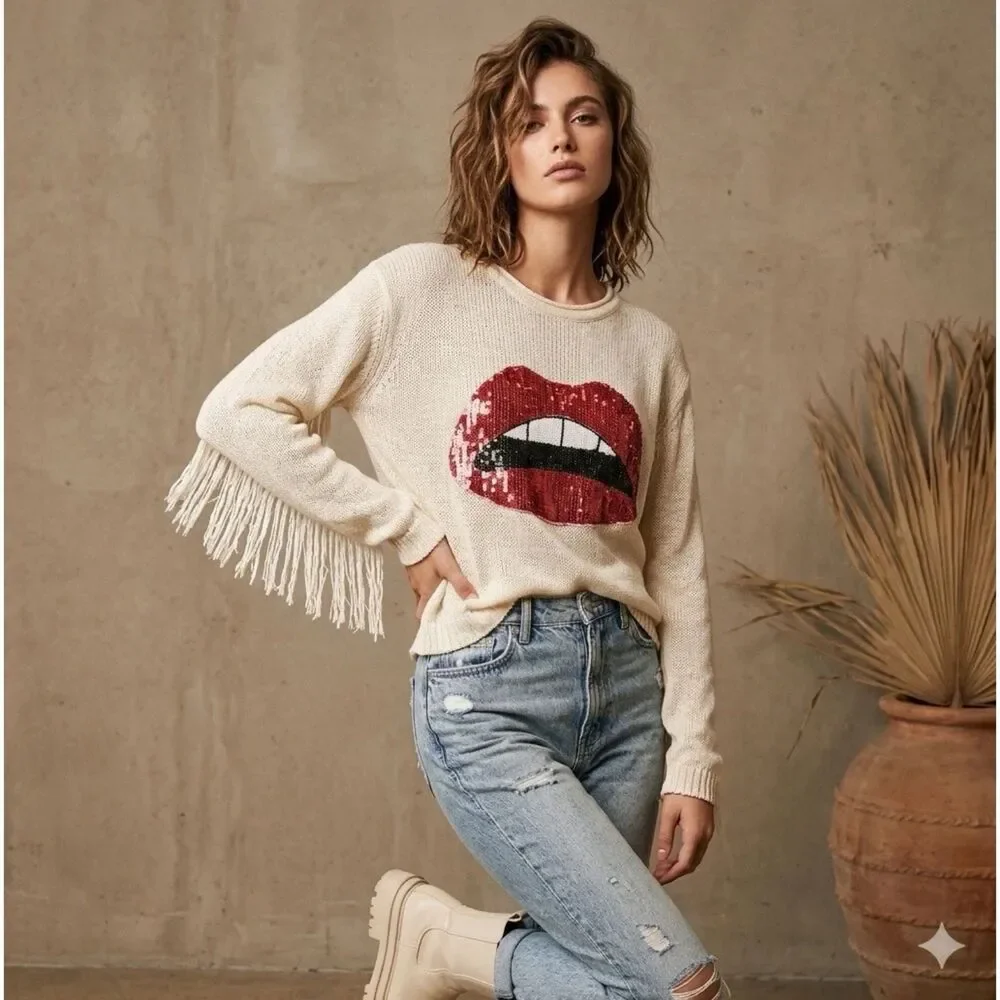 Boutique REHAB Lips Pullover SWEATER Womens SZ M Ivory Fringe Sequin grunge edgy